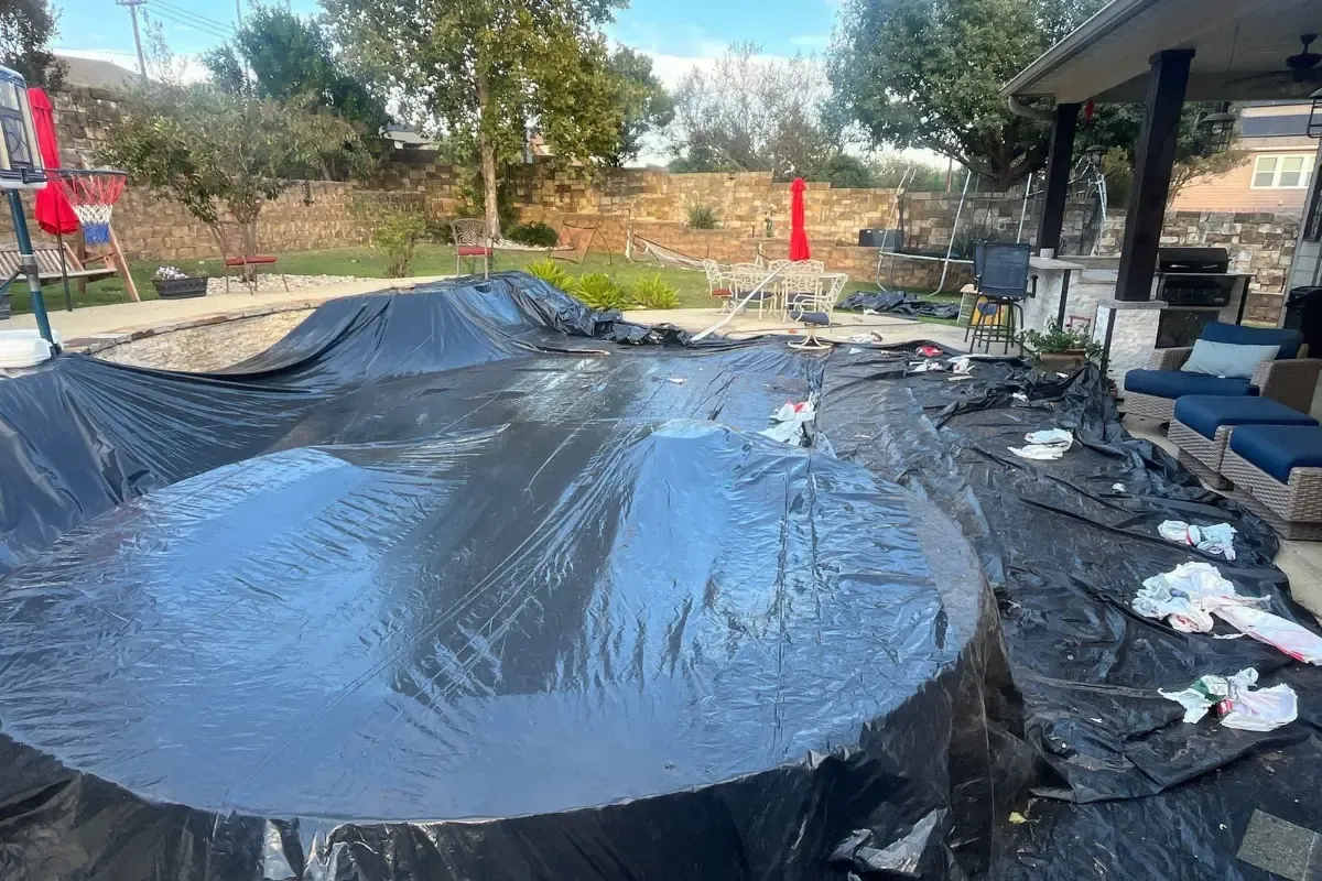 Install day: pool and spa tarped in Indian Springs, San Antonio, TX