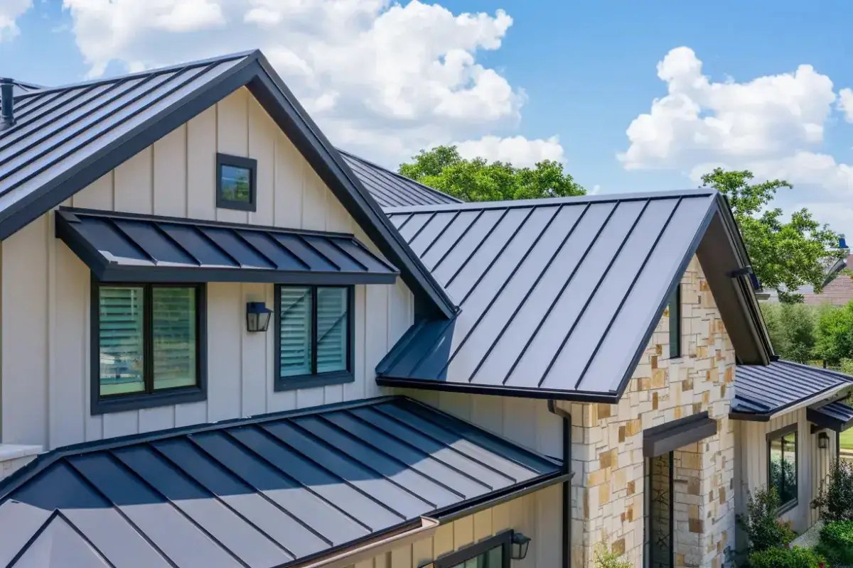 Standing seam metal roof installed on a two-story San Antonio home under blue Texas sky.
