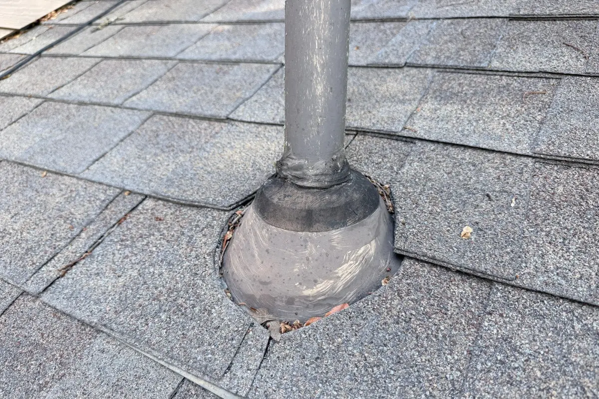 Original pipe boot on a Bergheim, TX roof as found during inspection