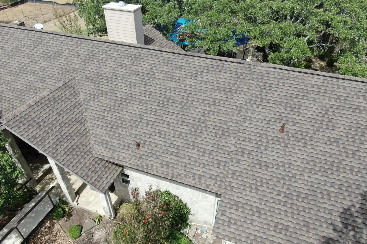 Aerial view of a completed IMPACTSHIELD Class 4 roof in Bergheim, TX