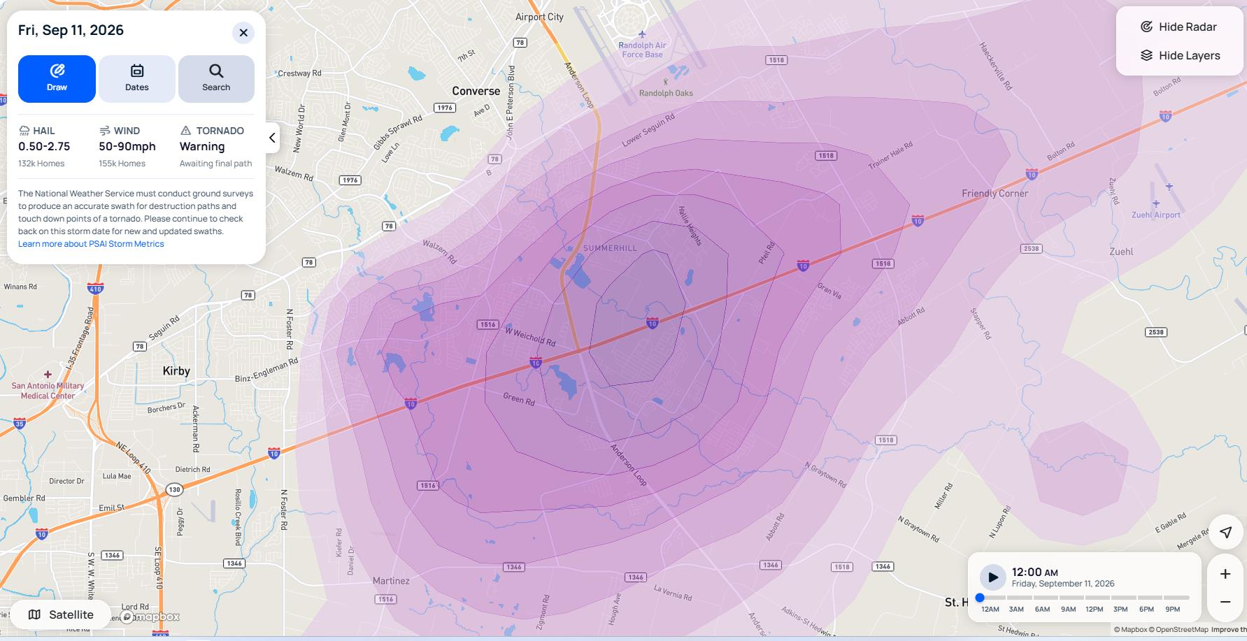 GAF / PSAI modeled storm swath broad view south of Randolph AFB on September 11, 2026