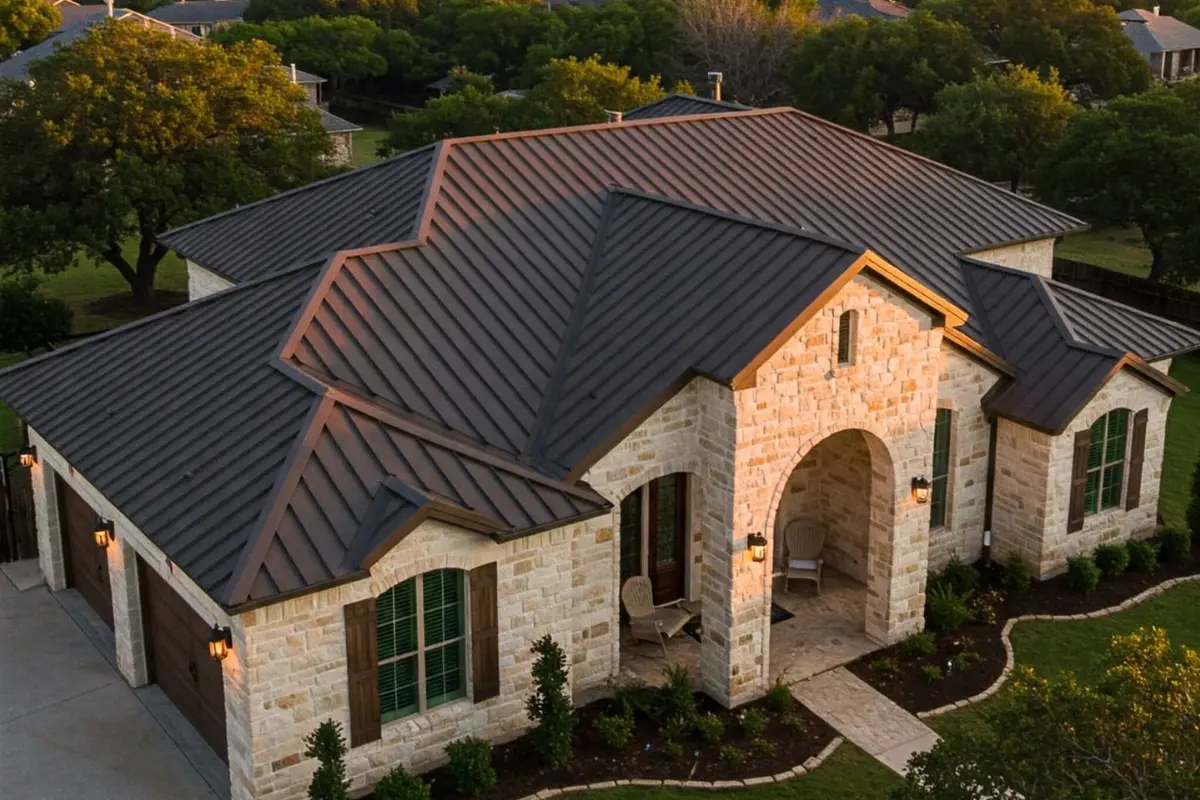 Aerial view of a farmhouse-style home with a dark bronze standing seam metal roof.