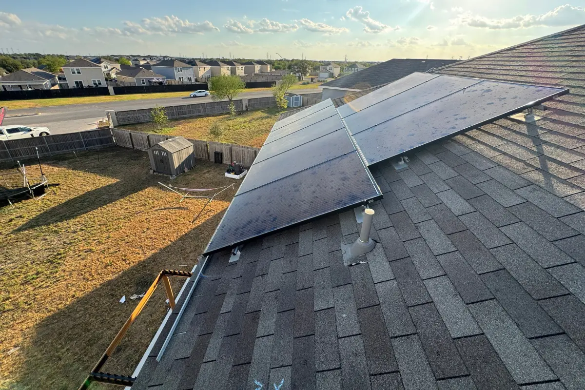 Hail impact and splatter marks on a solar panel array at a home on Gulf Meadow in Converse after the September 11, 2026 hail storm