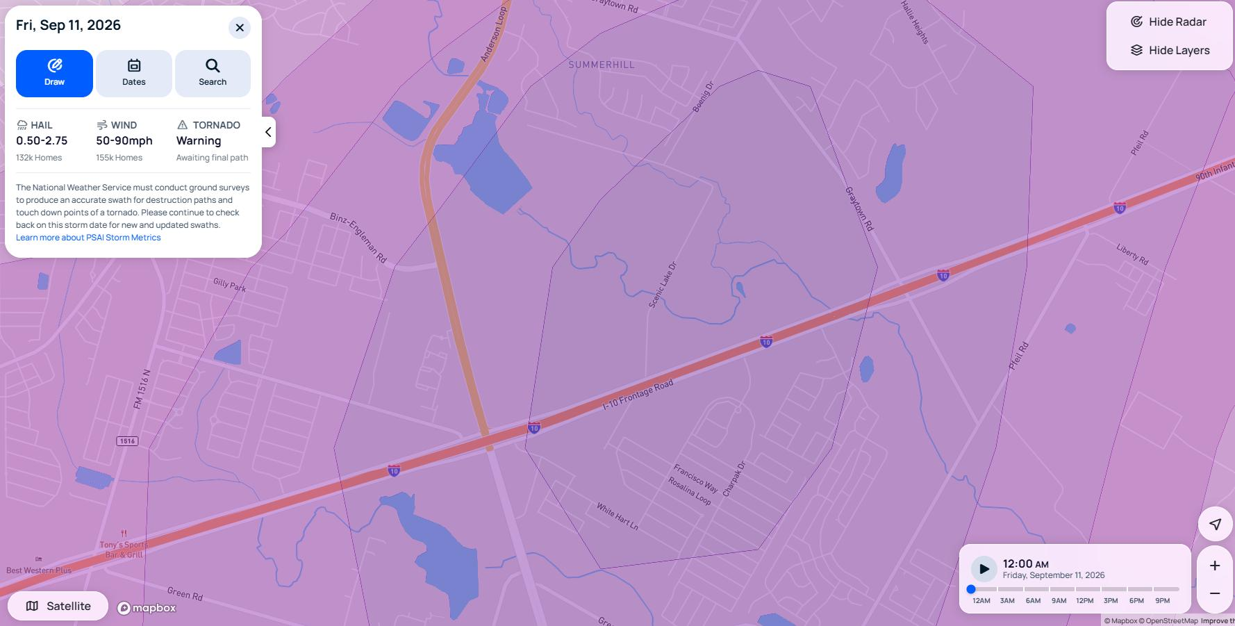 GAF / PSAI modeled storm swath zoomed to I-10, Loop 1604 and Graytown Road on September 11, 2026